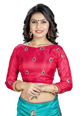 Teal embroidered art silk saree with blouse 3