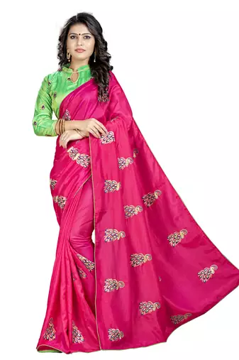 Pink embroidered art silk saree with blouse