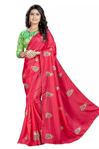 Red embroidered art silk saree with blouse