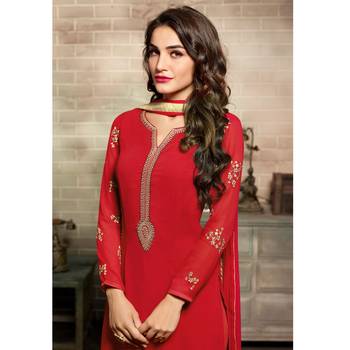 Red embroidered georgette salwar with dupatta 4
