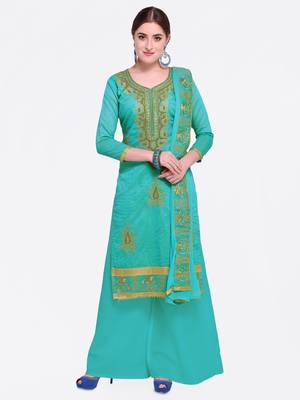 Turquoise Embroidered Chanderi Salwar With Dupatta 1