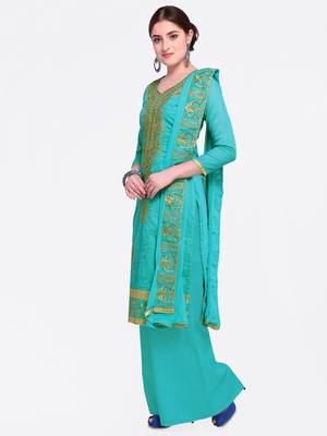 Turquoise Embroidered Chanderi Salwar With Dupatta 3