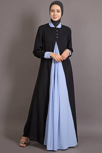 Black And Sky Blue Poly Crepe Plain Islamic Abaya
