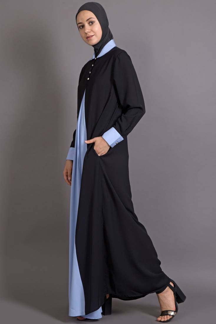 Black And Sky Blue Poly Crepe Plain Islamic Abaya