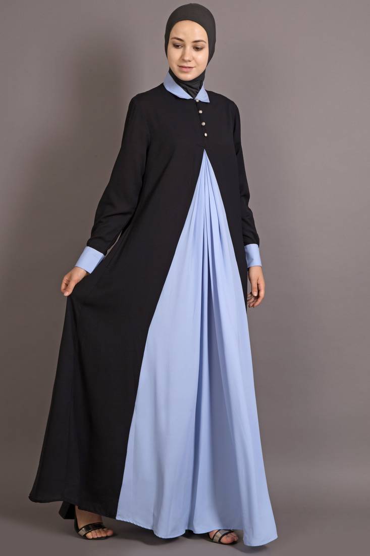 Black And Sky Blue Poly Crepe Plain Islamic Abaya
