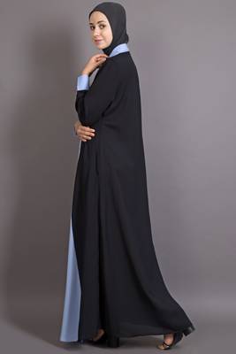 Black And Sky Blue Poly Crepe Plain Islamic Abaya 4