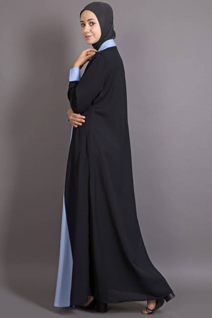 Black And Sky Blue Poly Crepe Plain Islamic Abaya