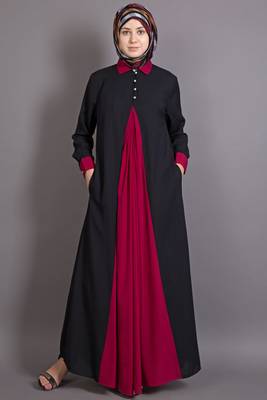 Black And Maroon Poly Crepe Plain Islamic Abaya 1