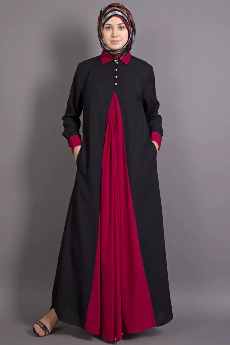 Black And Maroon Poly Crepe Plain Islamic Abaya