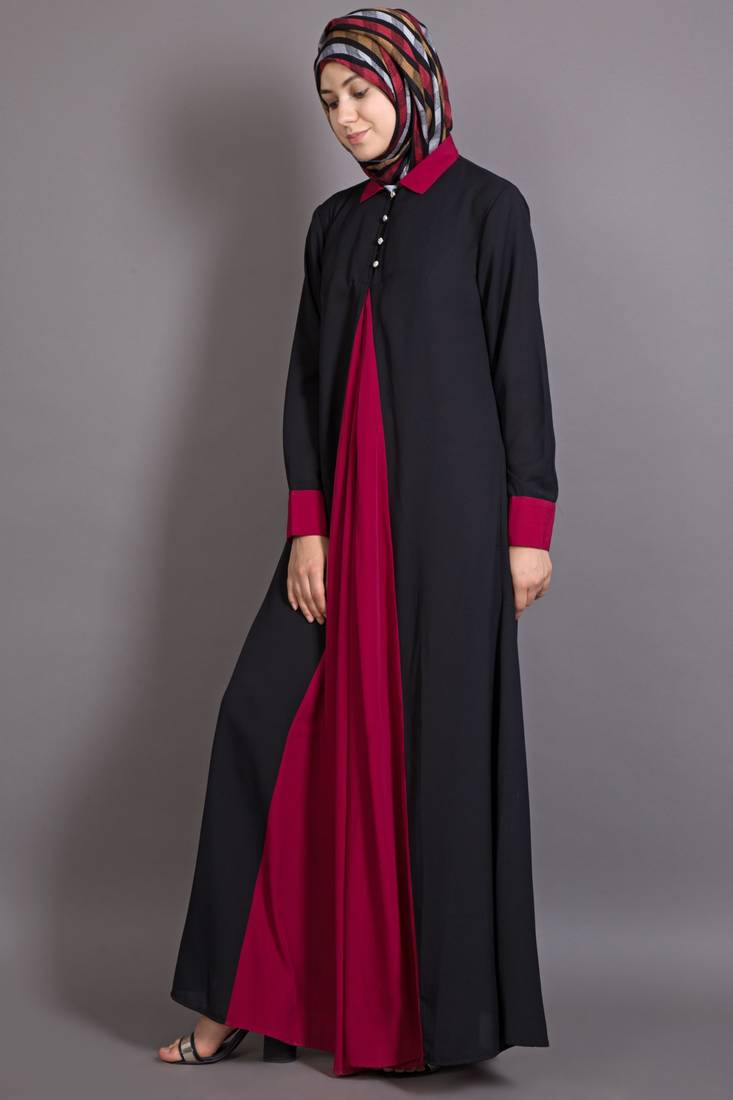 Black And Maroon Poly Crepe Plain Islamic Abaya