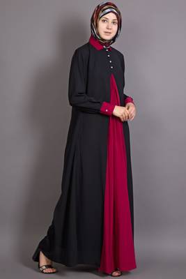 Black And Maroon Poly Crepe Plain Islamic Abaya 3