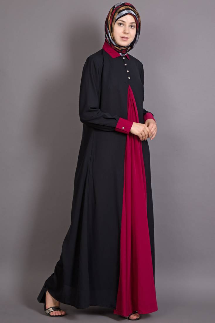 Black And Maroon Poly Crepe Plain Islamic Abaya