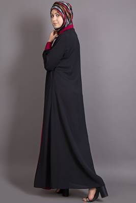 Black And Maroon Poly Crepe Plain Islamic Abaya 4