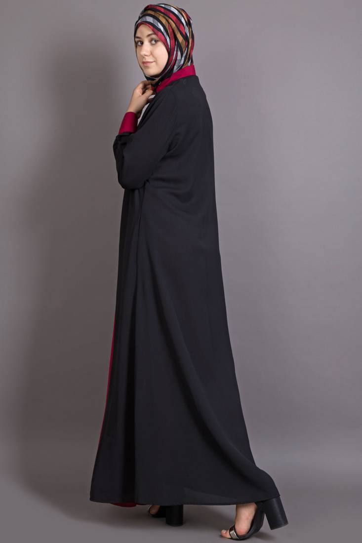 Black And Maroon Poly Crepe Plain Islamic Abaya