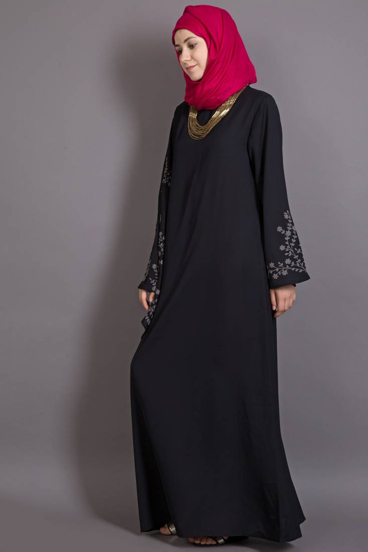 Black Poly Crepe Embroidered Islamic Ramadan Abaya