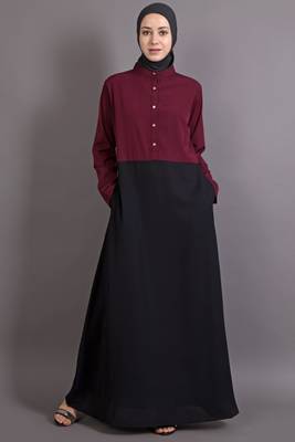 Black And Maroon Poly Crepe Plain Islamic Abaya 1
