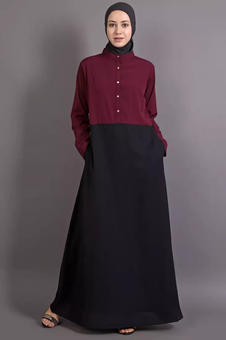 Black And Maroon Poly Crepe Plain Islamic Abaya
