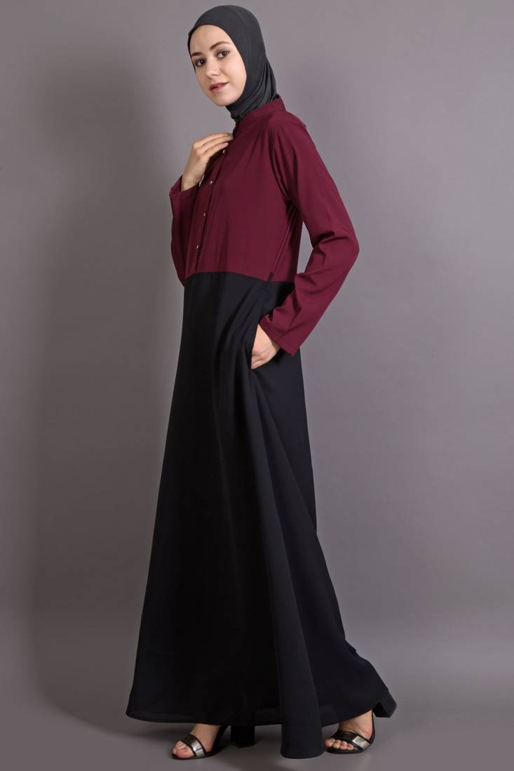 Black And Maroon Poly Crepe Plain Islamic Abaya