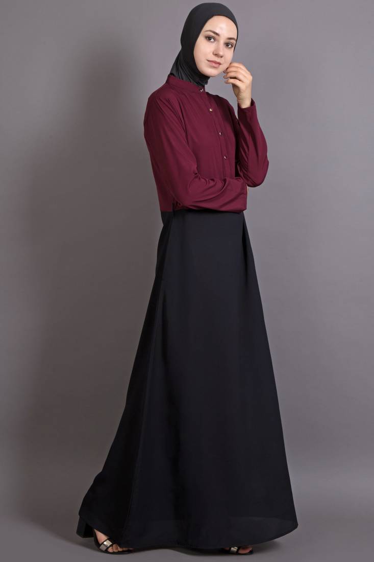Black And Maroon Poly Crepe Plain Islamic Abaya