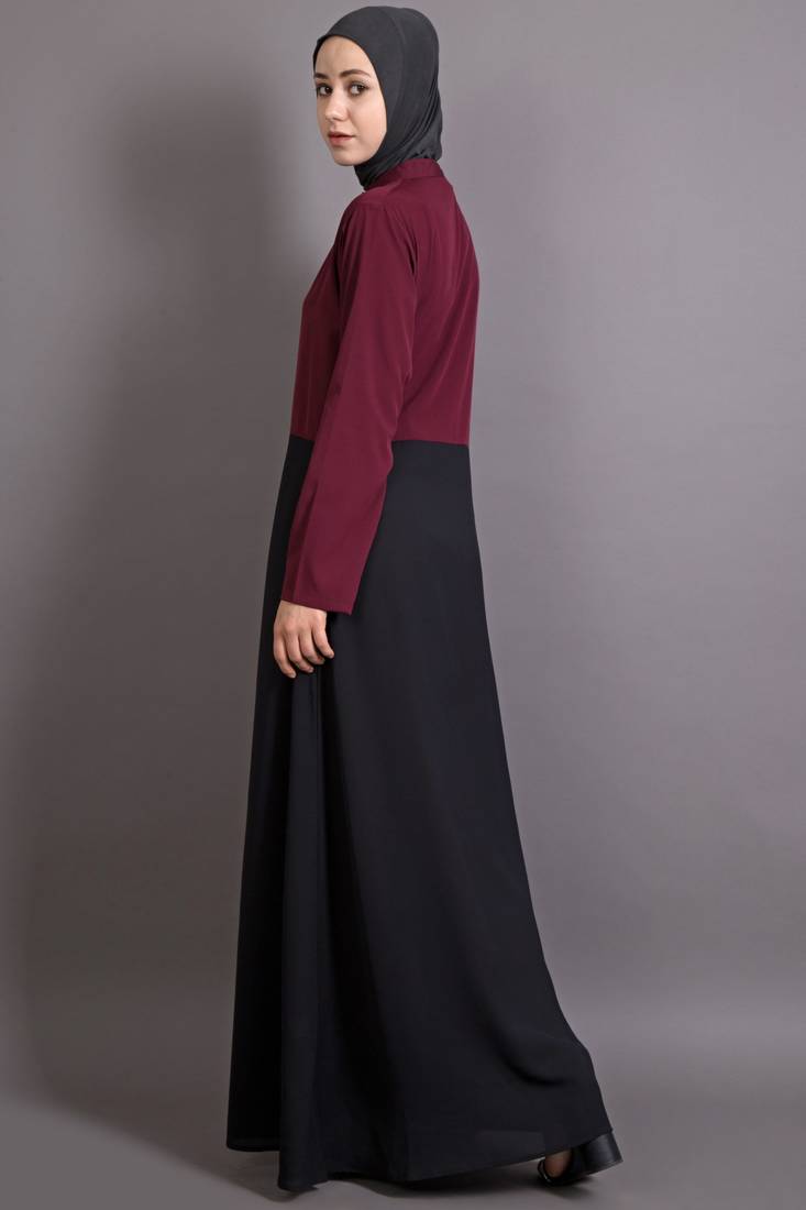 Black And Maroon Poly Crepe Plain Islamic Abaya