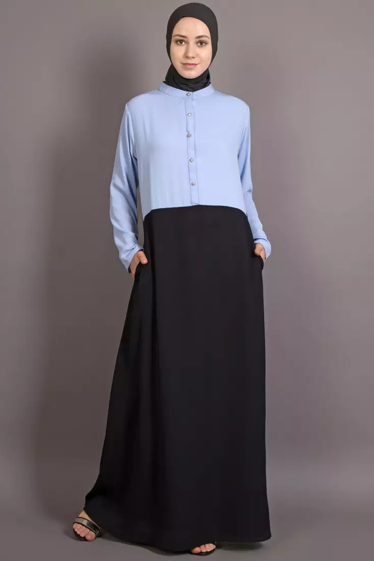 Black And Sky Blue Poly Crepe Plain Islamic Abaya