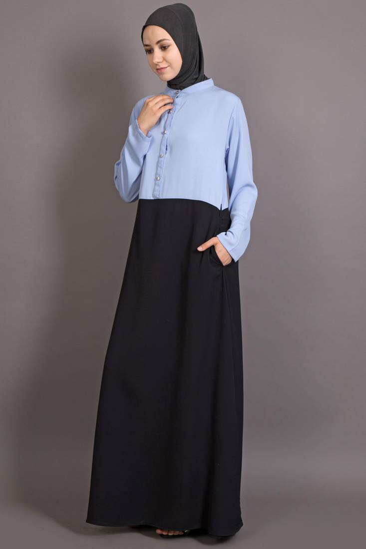 Black And Sky Blue Poly Crepe Plain Islamic Abaya