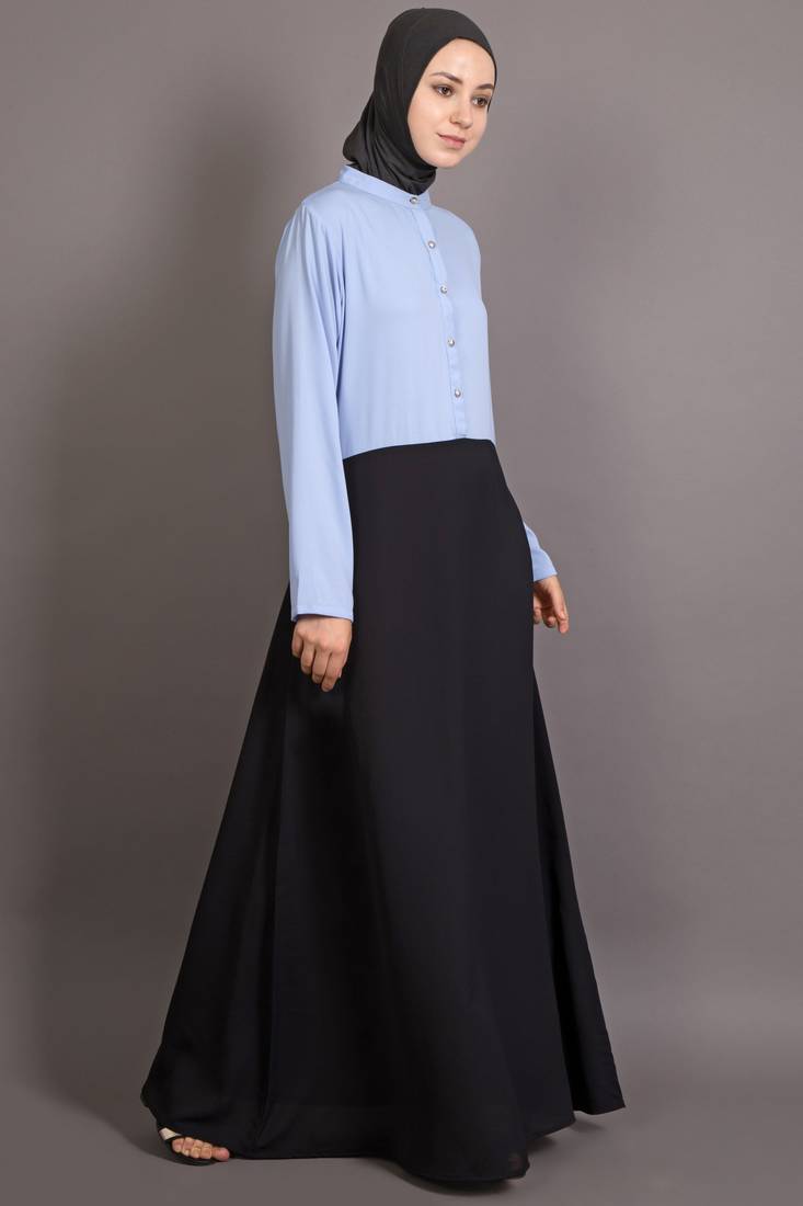 Black And Sky Blue Poly Crepe Plain Islamic Abaya