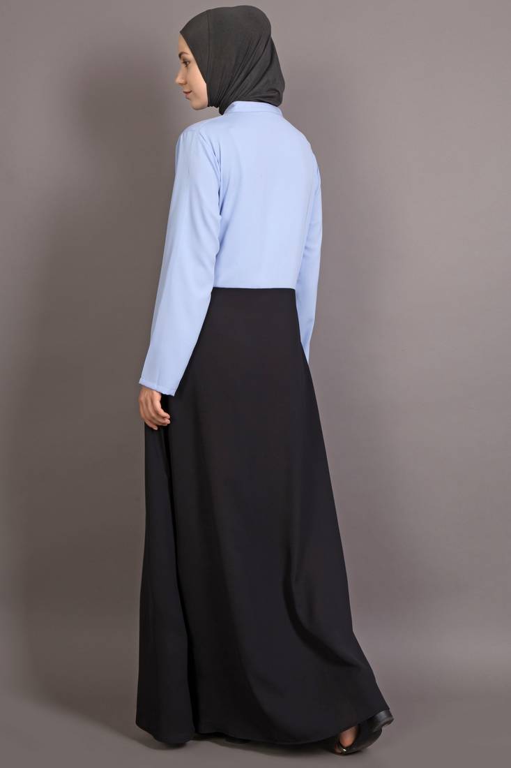Black And Sky Blue Poly Crepe Plain Islamic Abaya
