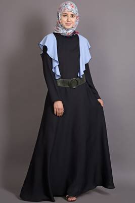 Black And Sky Blue Poly Crepe Plain Islamic Abaya 1