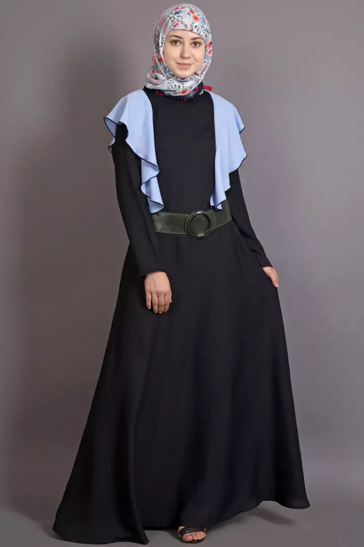 Black And Sky Blue Poly Crepe Plain Islamic Abaya