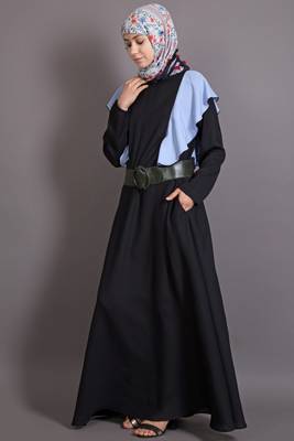 Black And Sky Blue Poly Crepe Plain Islamic Abaya 2