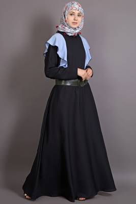 Black And Sky Blue Poly Crepe Plain Islamic Abaya 3