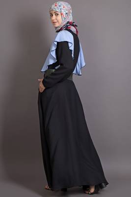 Black And Sky Blue Poly Crepe Plain Islamic Abaya 4