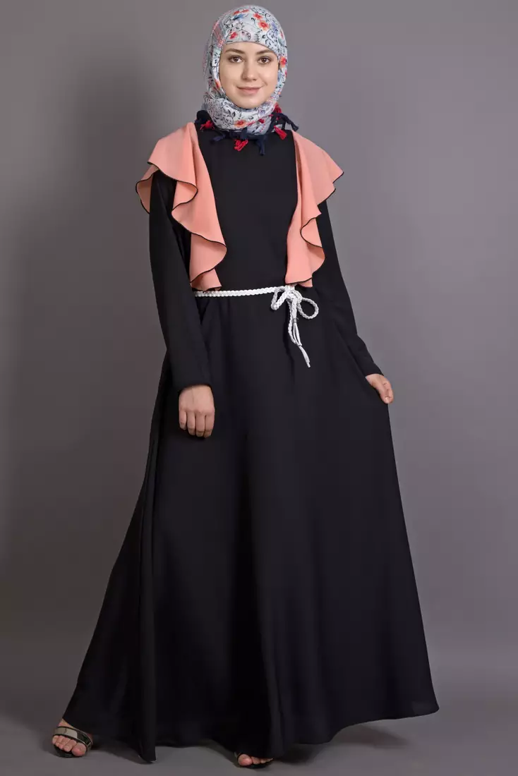 Black And Peach Poly Crepe Plain Islamic Abaya