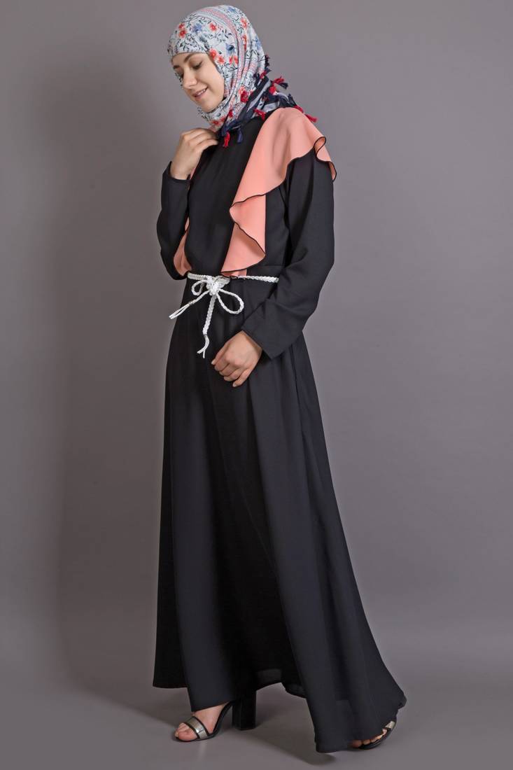 Black And Peach Poly Crepe Plain Islamic Abaya