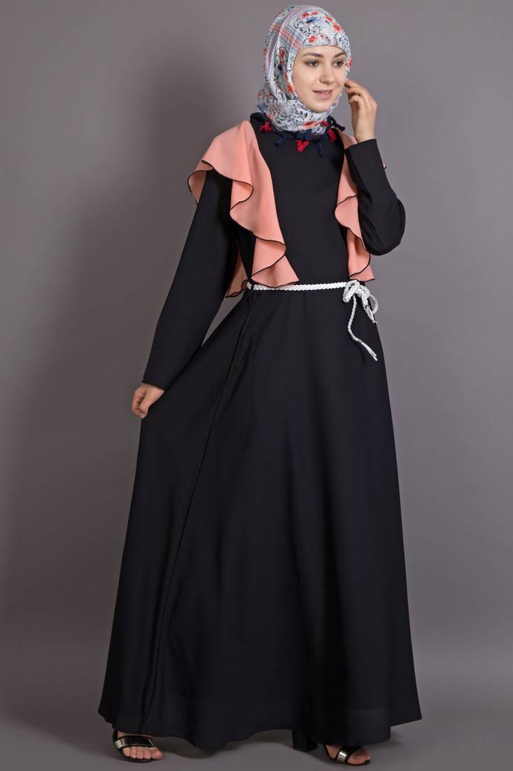 Black And Peach Poly Crepe Plain Islamic Abaya