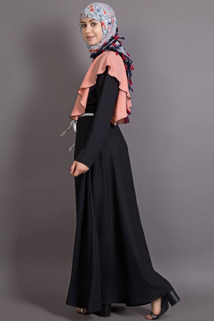 Black And Peach Poly Crepe Plain Islamic Abaya