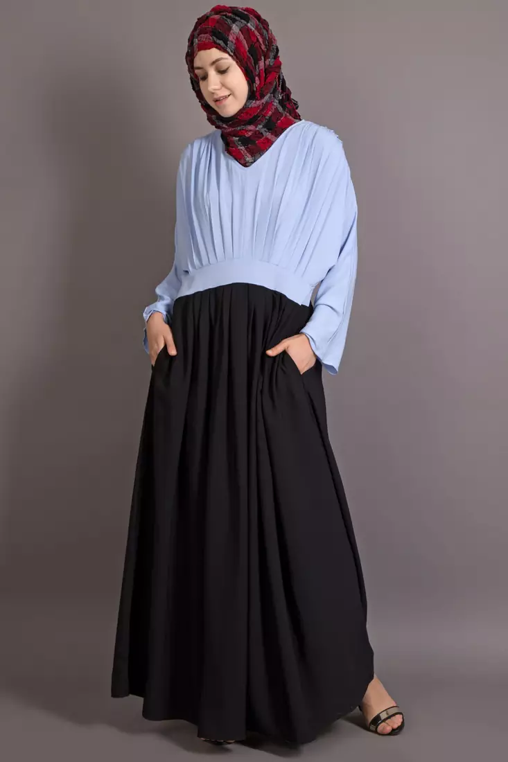 Black And Sky Blue Poly Crepe Plain Islamic Abaya