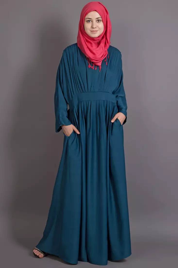 Teal Poly Crepe Plain Islamic Abaya
