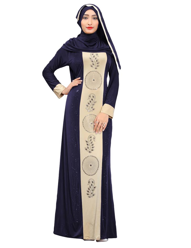 Blue Color Stylish Party Wear Stone Work Abaya Burkha With Lycra Hijab/Scarf