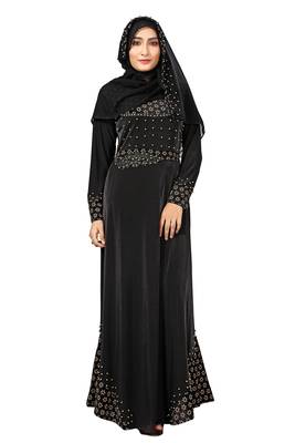 Black Color Velvet Embossed Abaya Burka With Belt And Chiffon Hijab 1