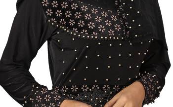 Black Color Velvet Embossed Abaya Burka With Belt And Chiffon Hijab 2
