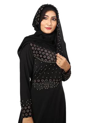 Black Color Velvet Embossed Abaya Burka With Belt And Chiffon Hijab 3