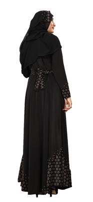 Black Color Velvet Embossed Abaya Burka With Belt And Chiffon Hijab 4