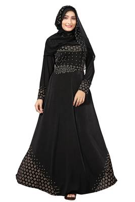 Black Color Velvet Embossed Abaya Burka With Belt And Chiffon Hijab 5