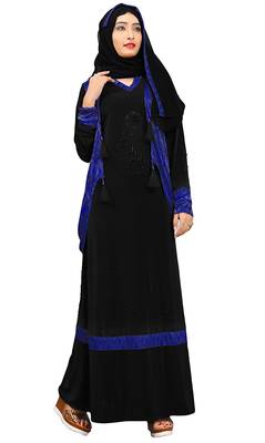 Black And Navy Blue Color Stone Work Abaya Burkha With Chiffon Hijab 3