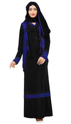 Black And Navy Blue Color Stone Work Abaya Burkha With Chiffon Hijab 4