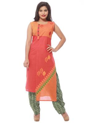 Peach printed cotton kurti 1