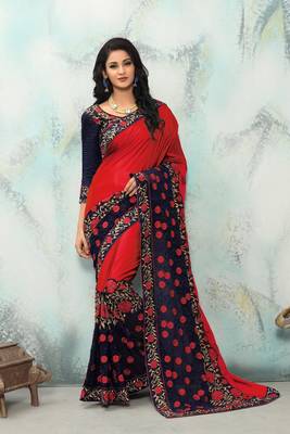 Red embroidered art silk saree with blouse 1