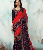 Red embroidered art silk saree with blouse